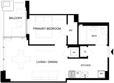 Floor plan for 1 bed, 1 bath, 422 sqft